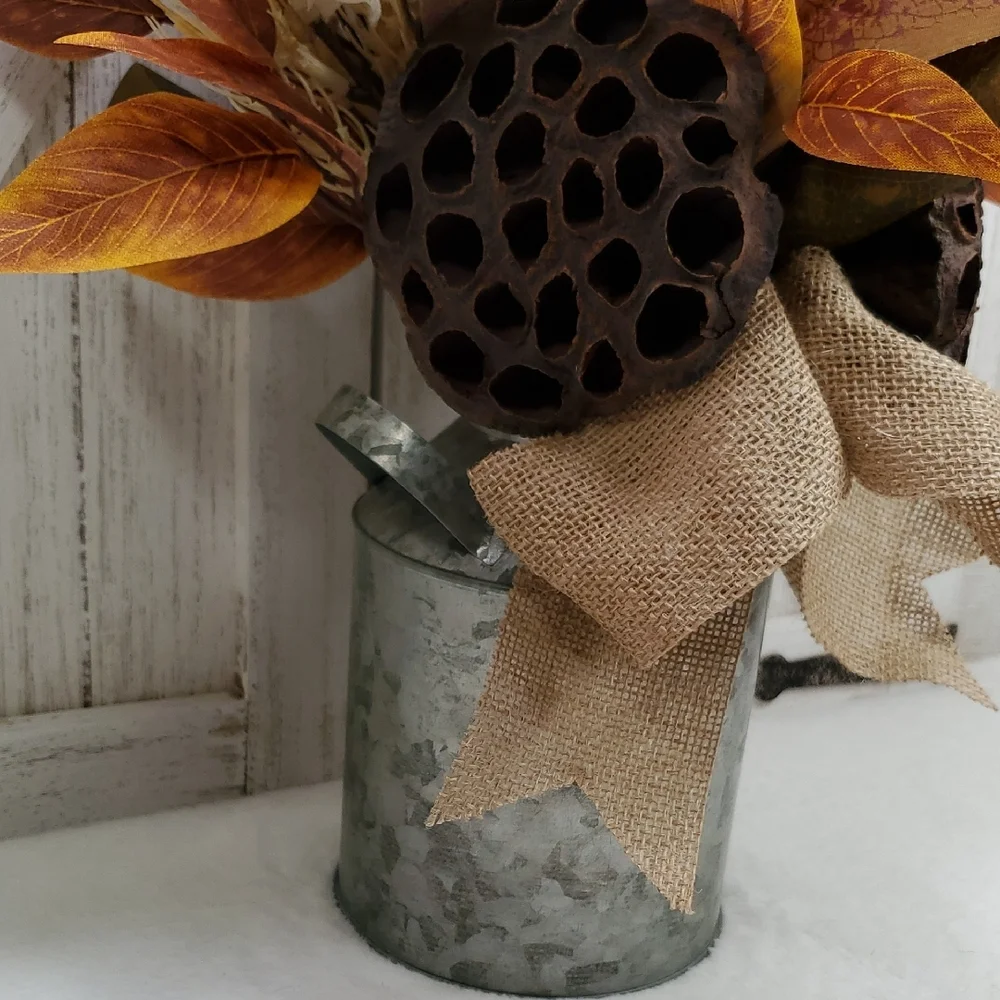 Metal Milk Can with Floral Arrangement Burlap Bow Cattails Dried Lotus